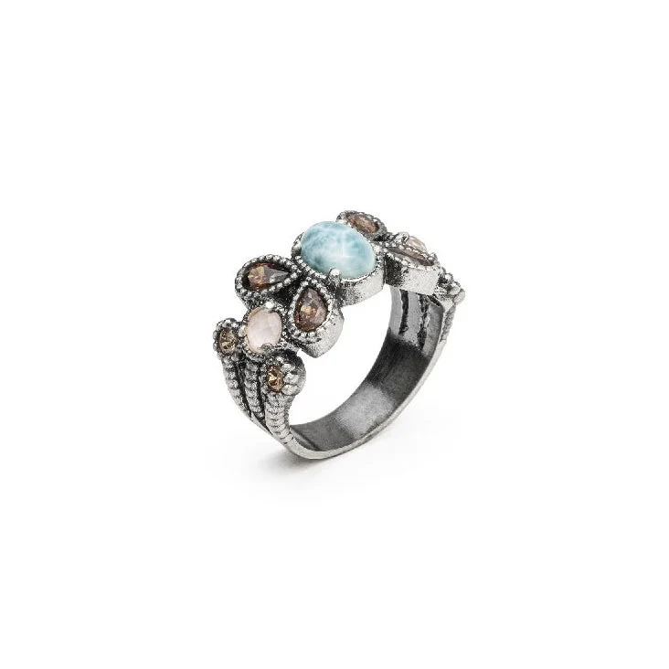Anillo  Larimar Coral y Circonitas Brown